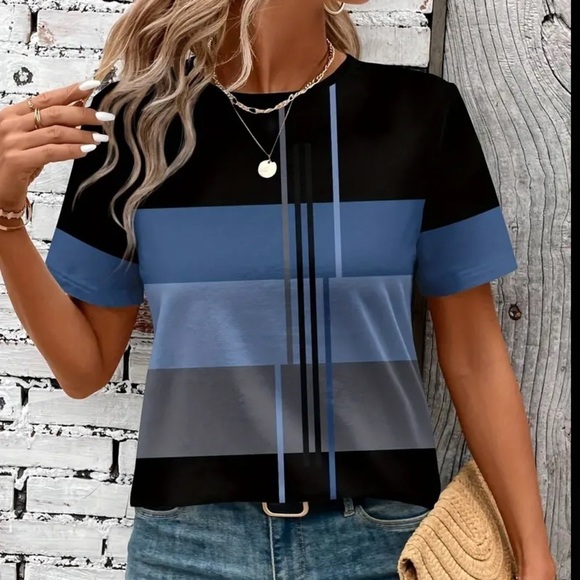 Women’s Casual Geometric Stripe Crewneck Short Sleeve Knit Top - Size XL - NWT - Picture 3 of 5